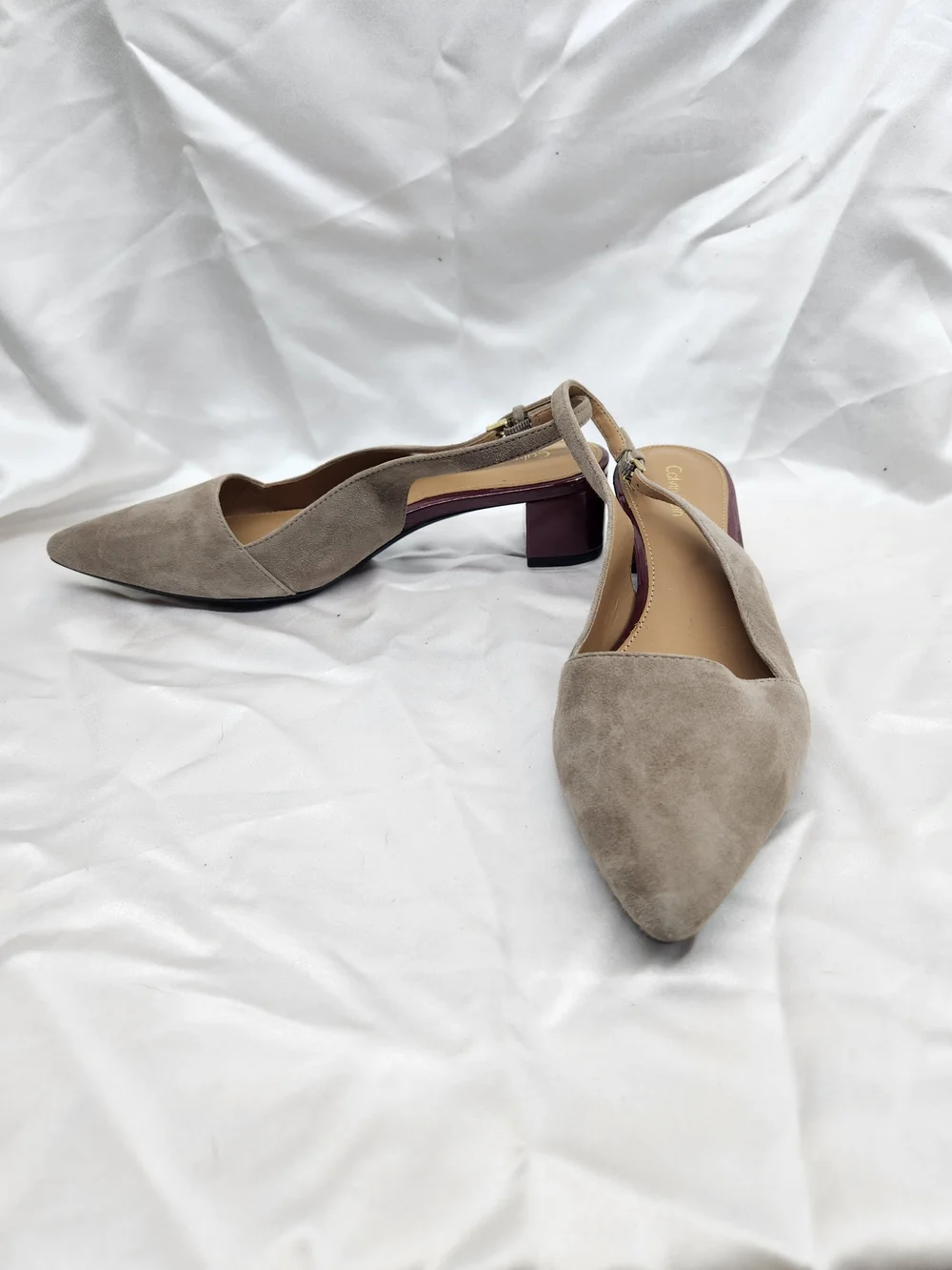 Calvin Klein Taupe Suede Pointed Slingback Kitten Heel